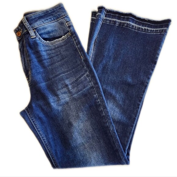 Flying Monkey Dark Wash Distressed High Rise Split Flare Leg Jeans, 28 - Picture 1 of 9